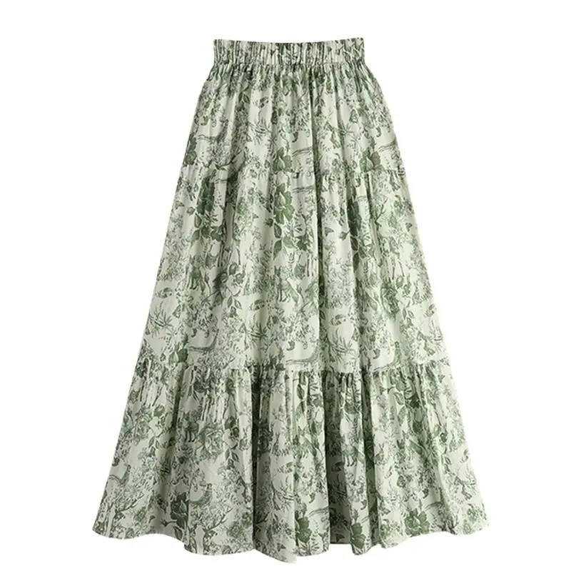 Summer Women Cotton Floral Print A-line Long Skirts Lotus Leaf Skirt Streetwear Elastic Waist Midi Skirt Loose Umbrella Skirts