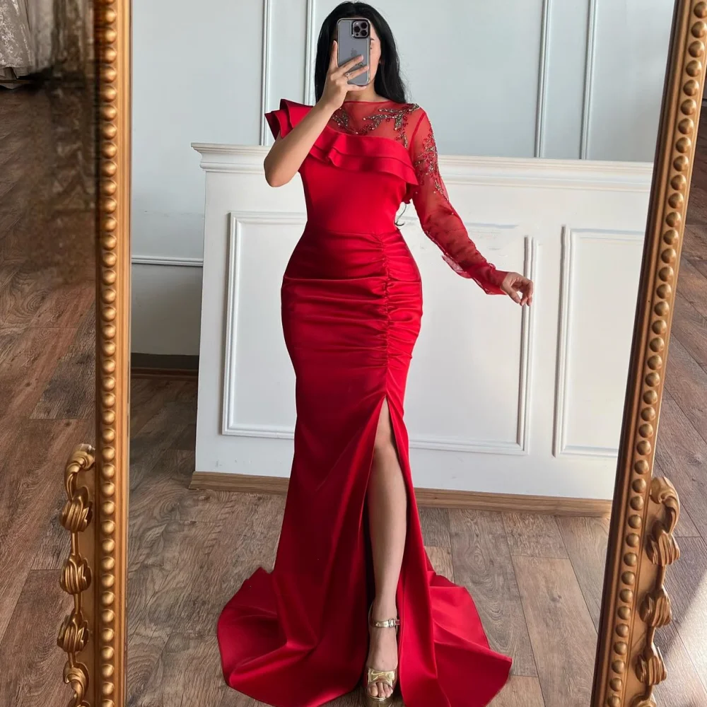 

Evening Sexy Casual Satin Sequined Pleat Celebrity Trumpet Boat Neck Bespoke Occasion Gown Long Dresses