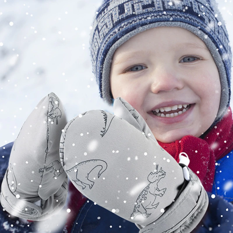 Kinder-Herbst-Winter-Skihandschuhe, kältebeständig, mit Fleece gefüttert, verdickt, winddicht, Outdoor-Sporthandschuhe für Kinder, thermisch, niedlicher Cartoon