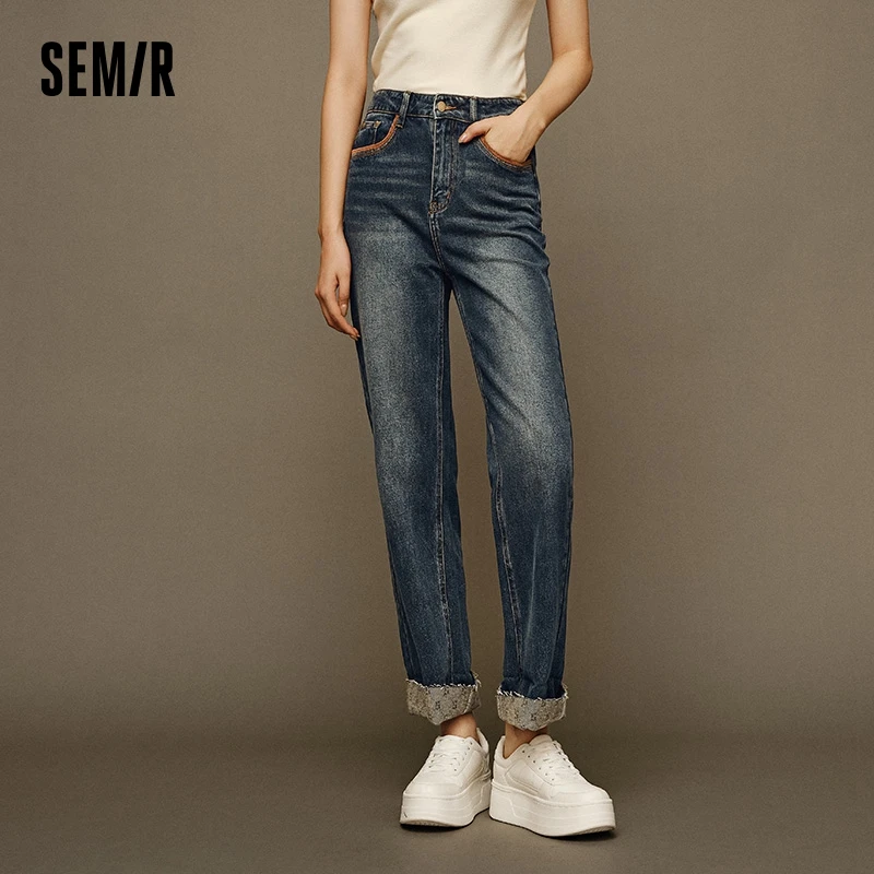 Semir Jeans Women Turn-Up Straight Pants 2024 New Winter Fleece-Lined Retro Fashion Nine-Point Pants