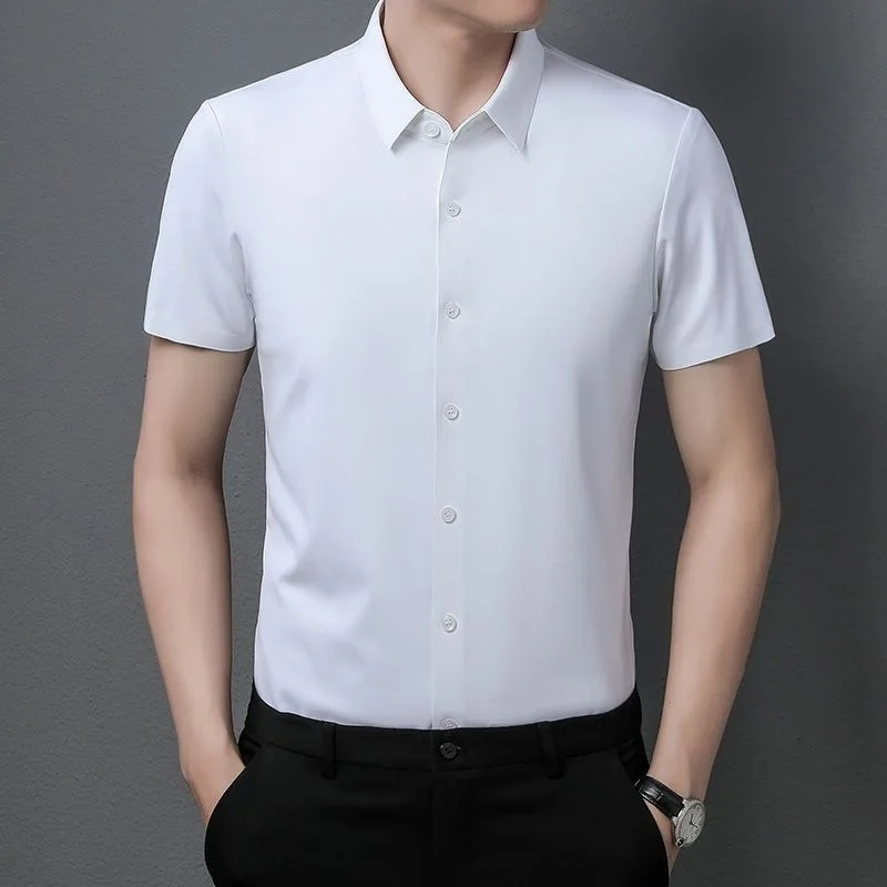 High End Ice Silk Shirts Men Short Sleeve Business Wrinkle Shirt Single Breasted Elastic Tops Luxurious Wedding Clothes 2pcs/Set