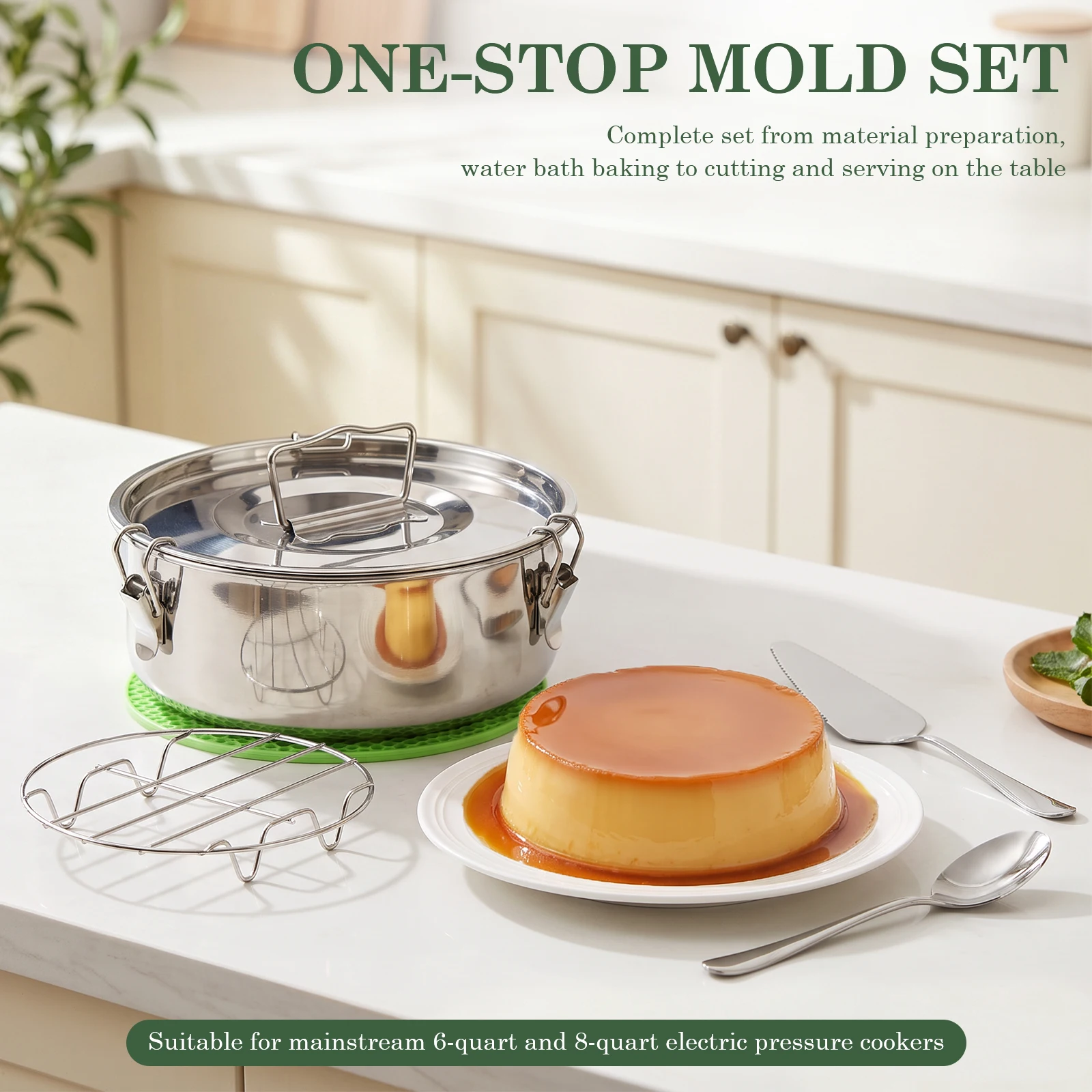 1.5QT Stainless Steel Flan Pan Mold Set with Lid Pudding Baking Steamer Pot Flanera Flan Mould Portable Kitchen Cake Baking Tool view 4