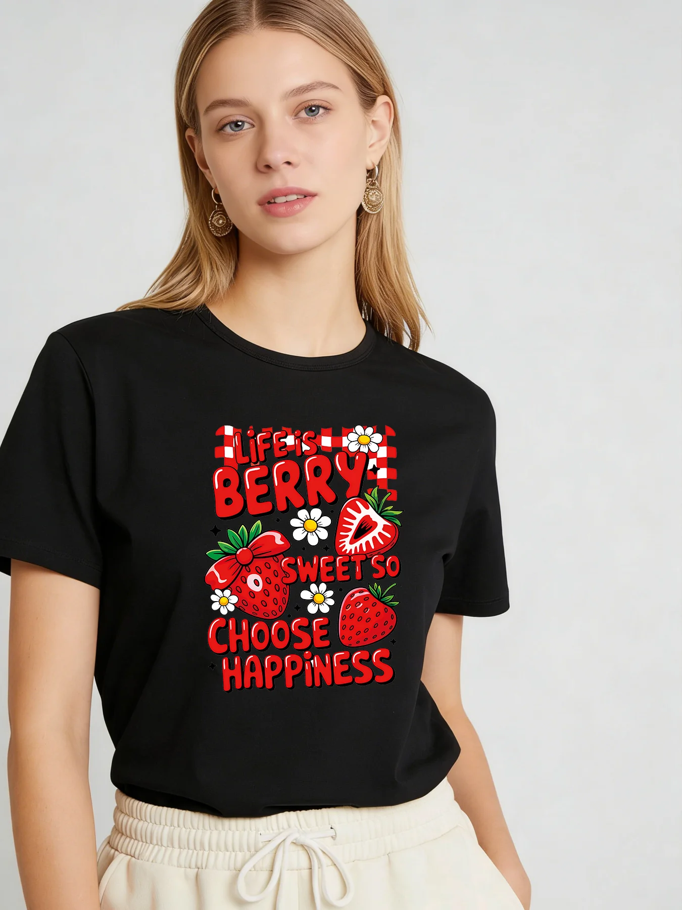 

Life Is Berry Sweet So Choose Happiness T Shirt Women Strawberry Graphic Tee Casual Round Neck Short Sleeve Tops