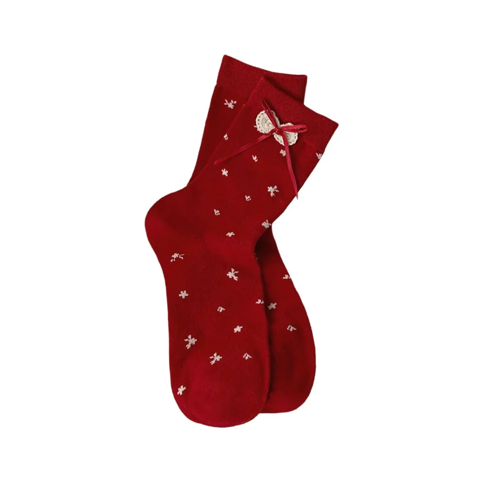 

Festive Red Color Sweet Girl Socks Cotton Double Layer Bow Socks Breathable Comfortable Mid Tube Socks New Year