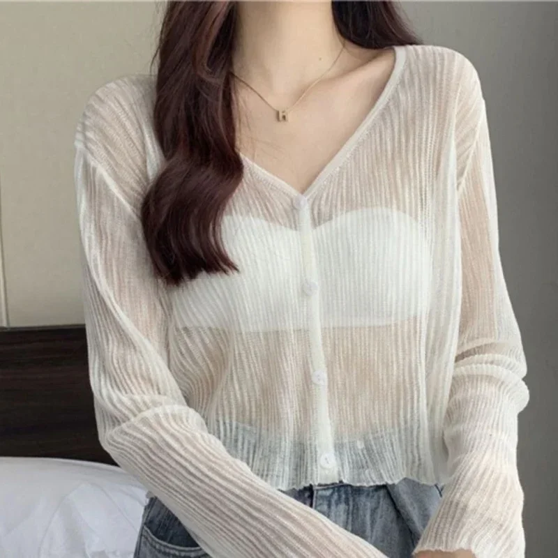 Summer V Neck Cardigan Women 2024 Casual Transparent Sweater Shirts Woman Simple Thin Solid Color Outwear Female Crop Top