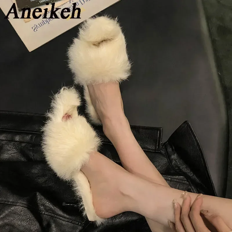 Aneikeh 2025NEW Spring/Autumn Fashion Flock Women FEATHER Thin Heels Peep Toe Pointed Toe Outside Solid Slippers Shallow Leisure