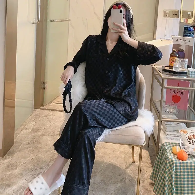 Spring Autumn Women Pajamas Sets Women Long Sleeve Cardigan Pants 2 Pieces Silk Sleepwear Loungewear Pijama Mujer Luxury Suits