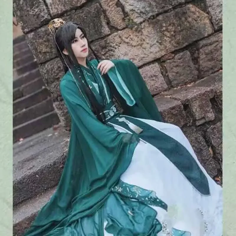 Disesuaikan kostum Cosplay bangsawan Halloween untuk pria kebesaran tradisional Cina Vintage Hanfu hijau set ukuran besar 5XL