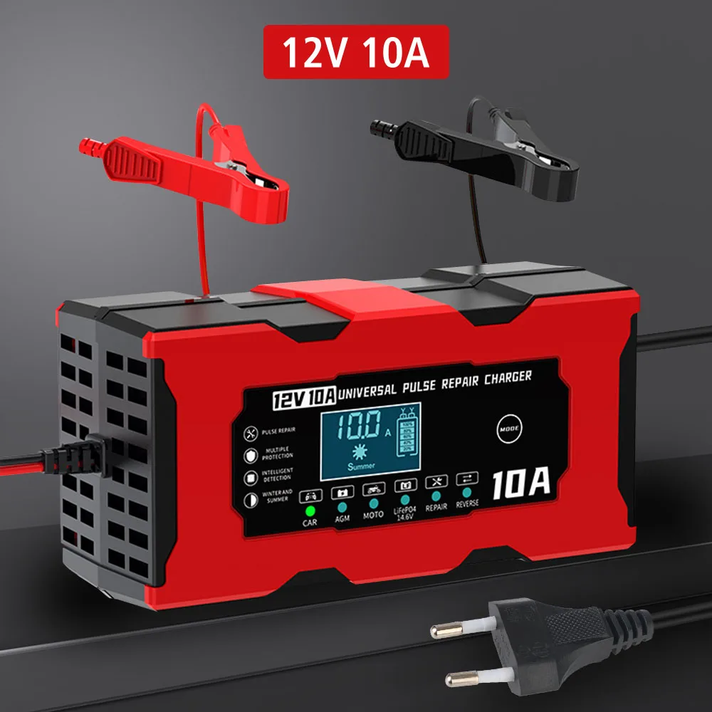 Inteligentna ładowarka akumulatorów 14.6V 10A do akumulatorów litowo-żelaznych, wtyczka EU/US, ładowarka samochodowa z funkcją naprawy impulsowej, wyświetlacz cyfrowy LCD 12V 10A