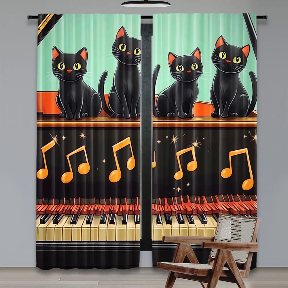 2Pcs The Cats Sit On The Piano Curtains Fashion Curtains Aesthetic Personalized Curtains Suitable For Living Room Dorm