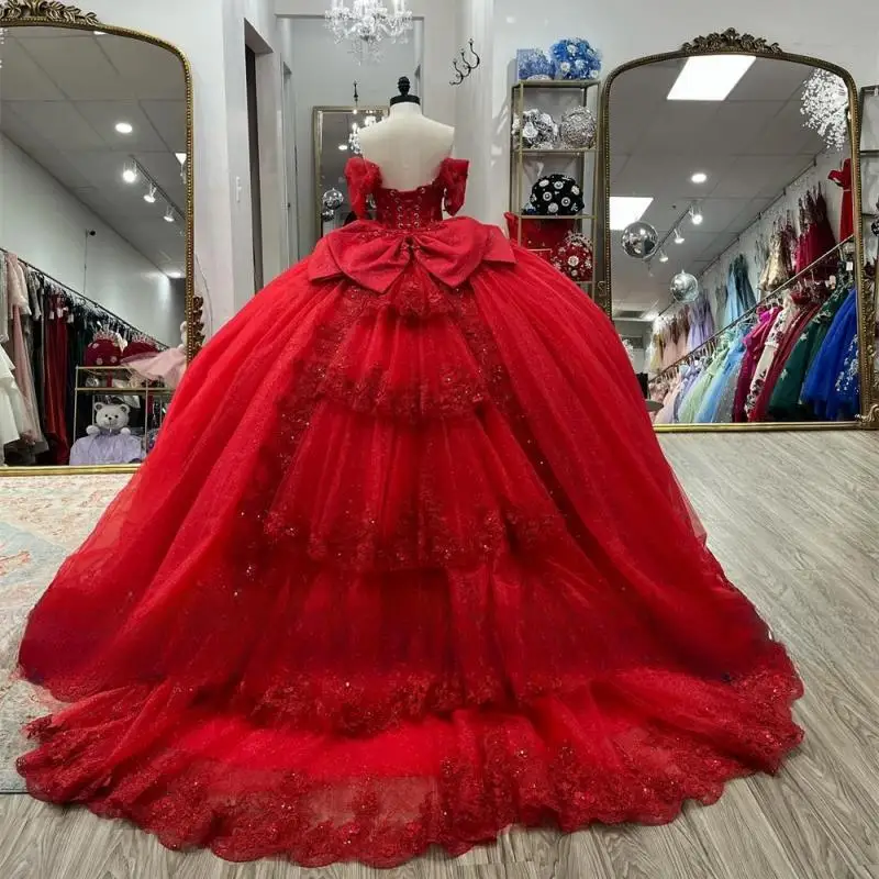 Appealing Red 15 Years Quinceanera Dresses Beads Crystal Lace Applique Bow Ruffles Ball Gown Birthday Party Dress Customized