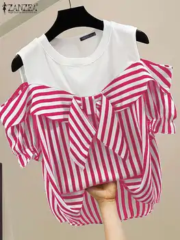 ZANZEA 여성 콜드 숄더 블라우스 패션 격자 무늬 스티치 셔츠 휴일 여름 Bowtie 반소매상의 2024 Vintage Loose Blusa