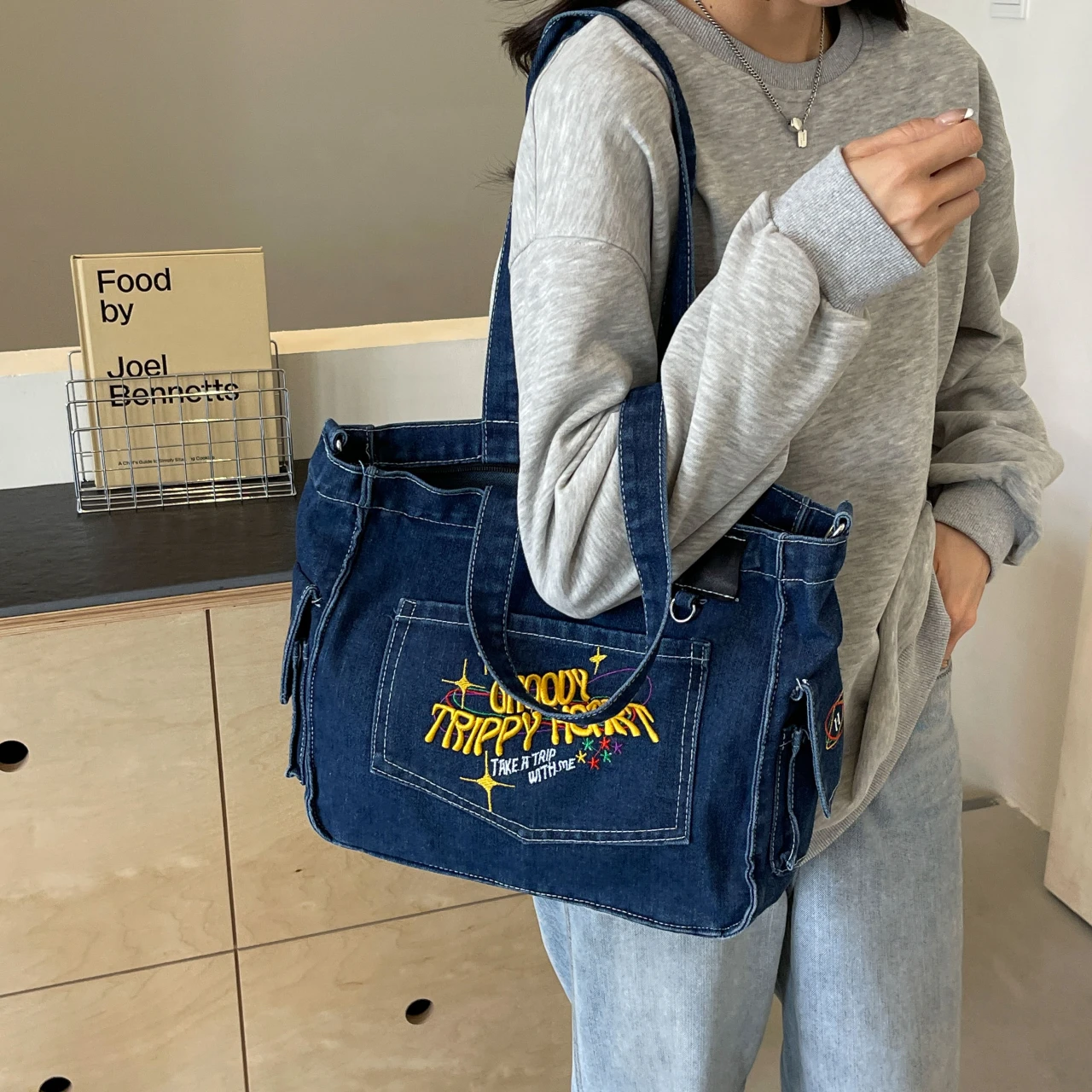 Washed denim Embroidery Alphabet Vintage Tote Bag Large capacity Women\'s bag Shoulder bag Underarm bag Student storage bag