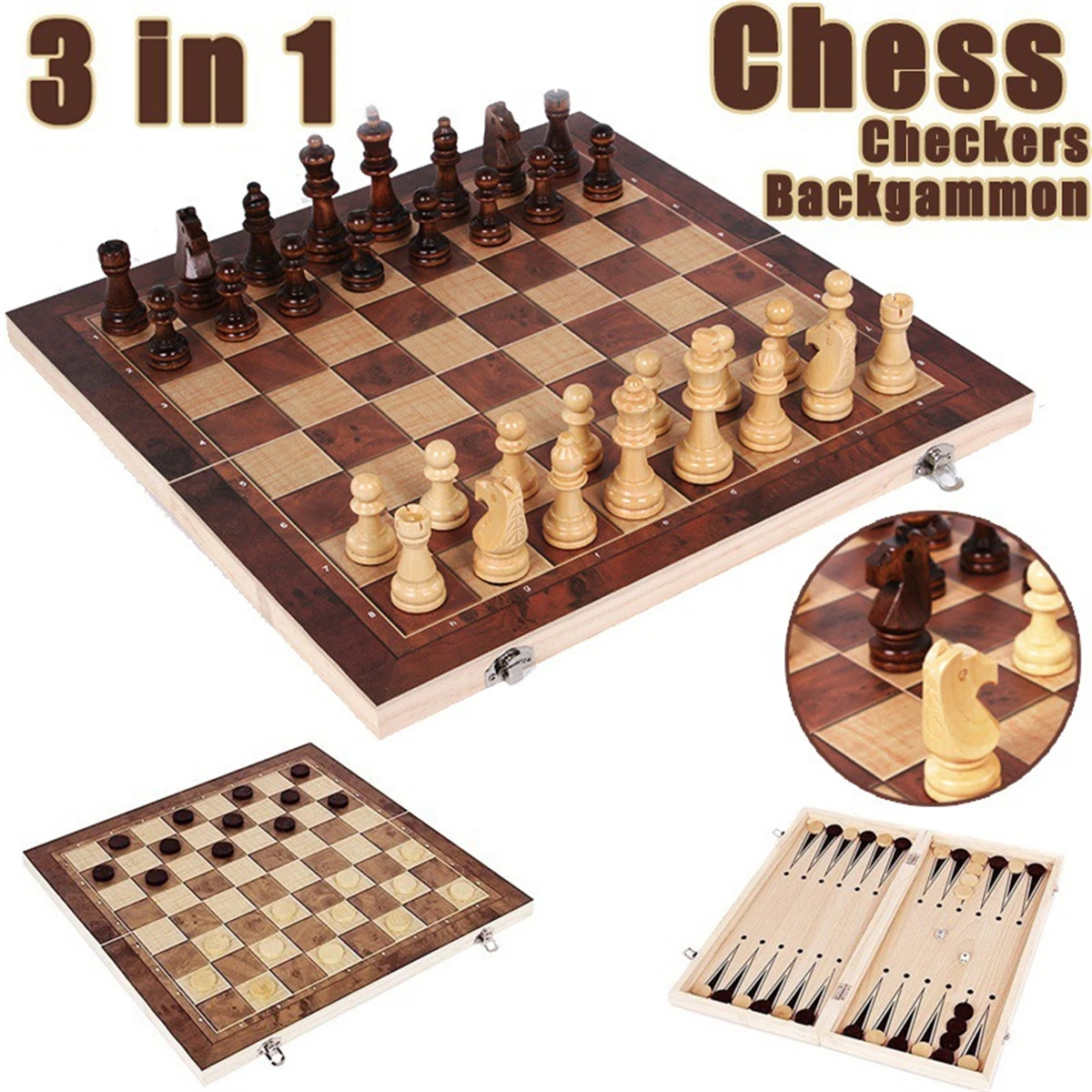 

New 3 in 1 Wooden Checkers Backgammon Chess Set, Board Party Travel Games With Portable Folding Chessboard