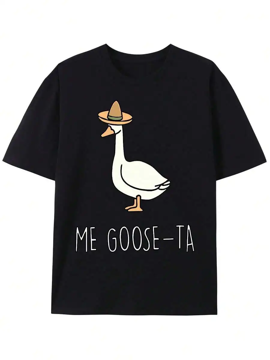 

Mens Black Crew Neck Short Sleeve T-Shirt With Duck Print, Soft Breathable Cotton, Casual Daily Wear