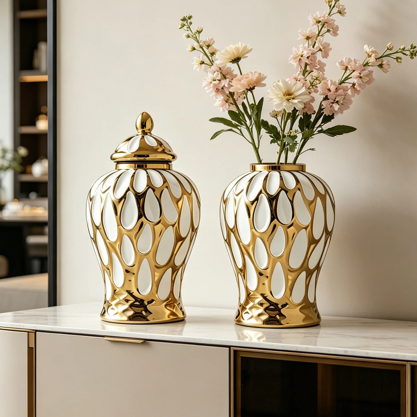 Creative Gilded Plaid Ceramic Vase Jar Desktop Ornament Luxury Plated Vase Hydroponic Dried Flowers Flower Arranging Office Vase