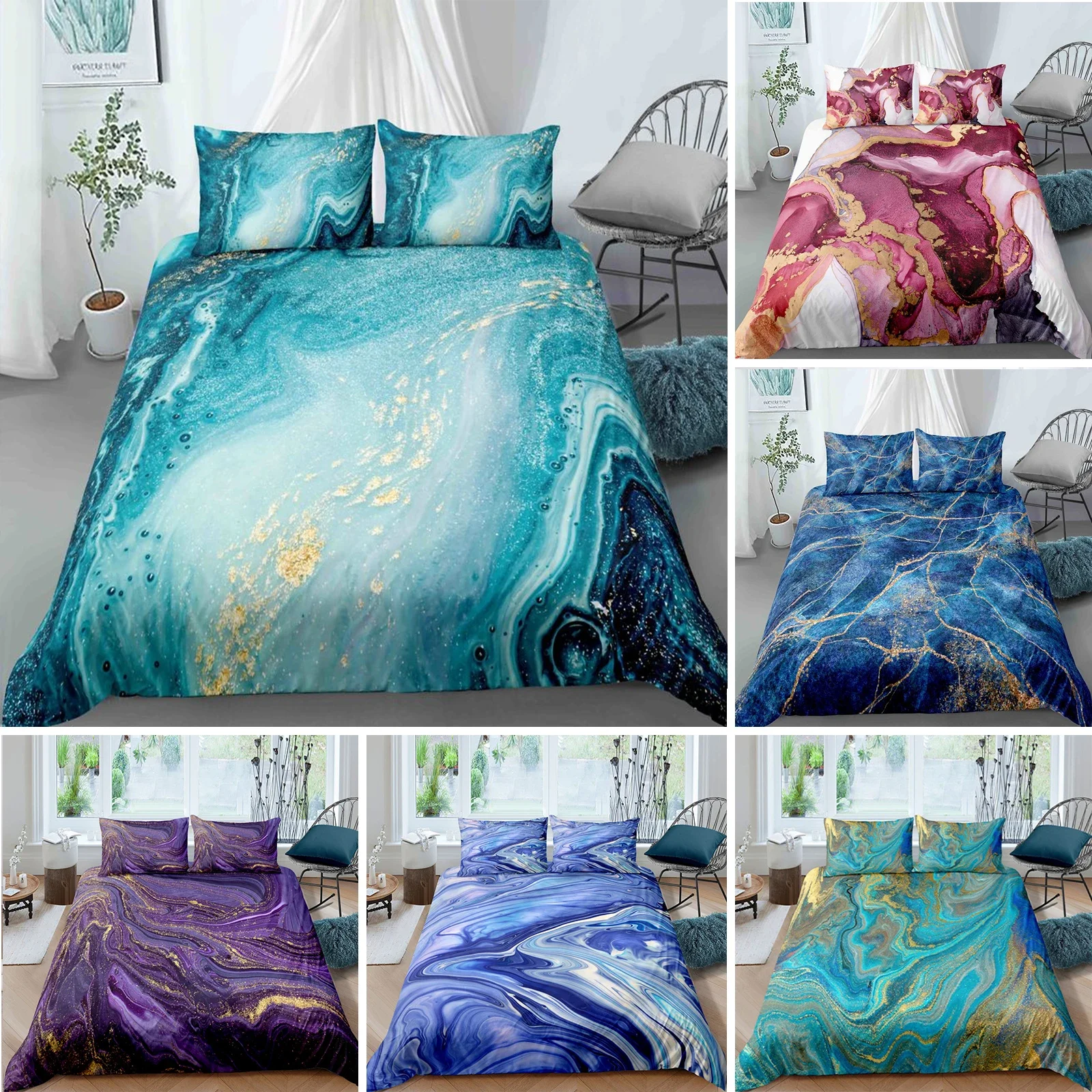 

Chic Marble Duvet Cover Microfiber Mint Gold Glitter Turquoise Bedding Set Abstract Aqua Blue Quilt Cover Single Twin Full Size