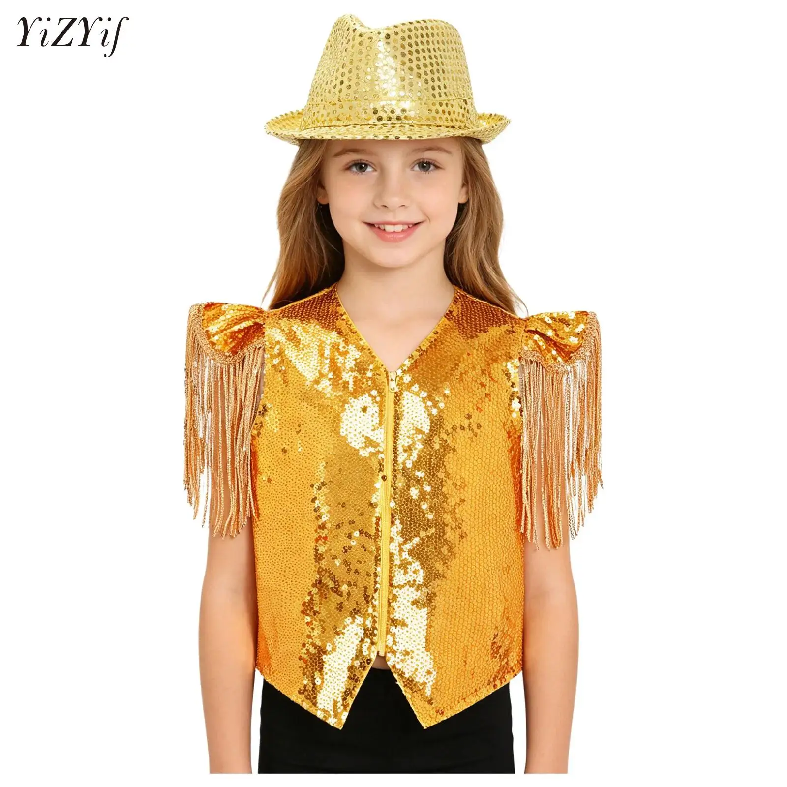 

Kids Boys Girls Jazz Hip Hop Dance Tops Costume Tassel Sparkling Vest Cap Sleeves V Neckline Tops Dancewear with Sequined Hat