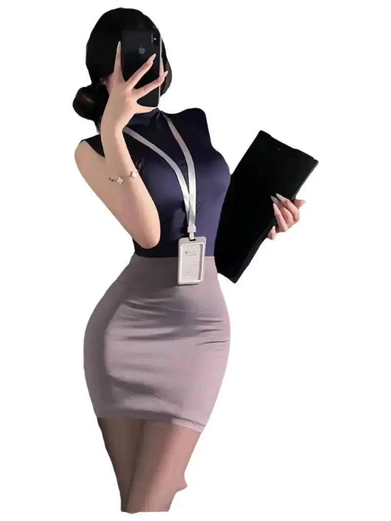 Sweet Skirts Set OL Sexy Pure Desire Style Secretary Bag Buttocks Two Piece Skirt Set Flight Attendant Uniform Nightclub WQW6