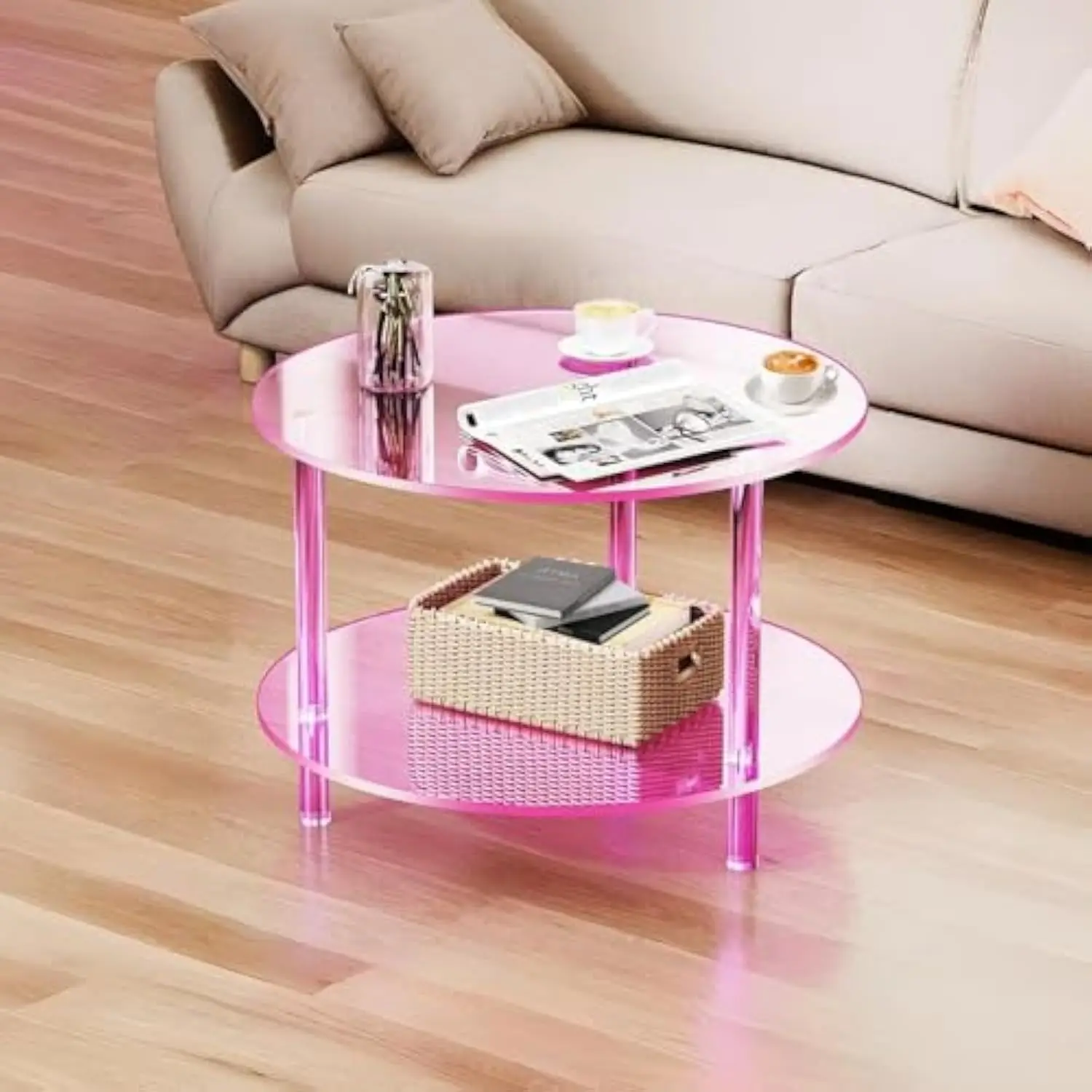 

Pink Acrylic Coffee Table, 24inch Small Round Coffee Table Modern Side Table End Table Living Room Table Accent Table Coffee Ta