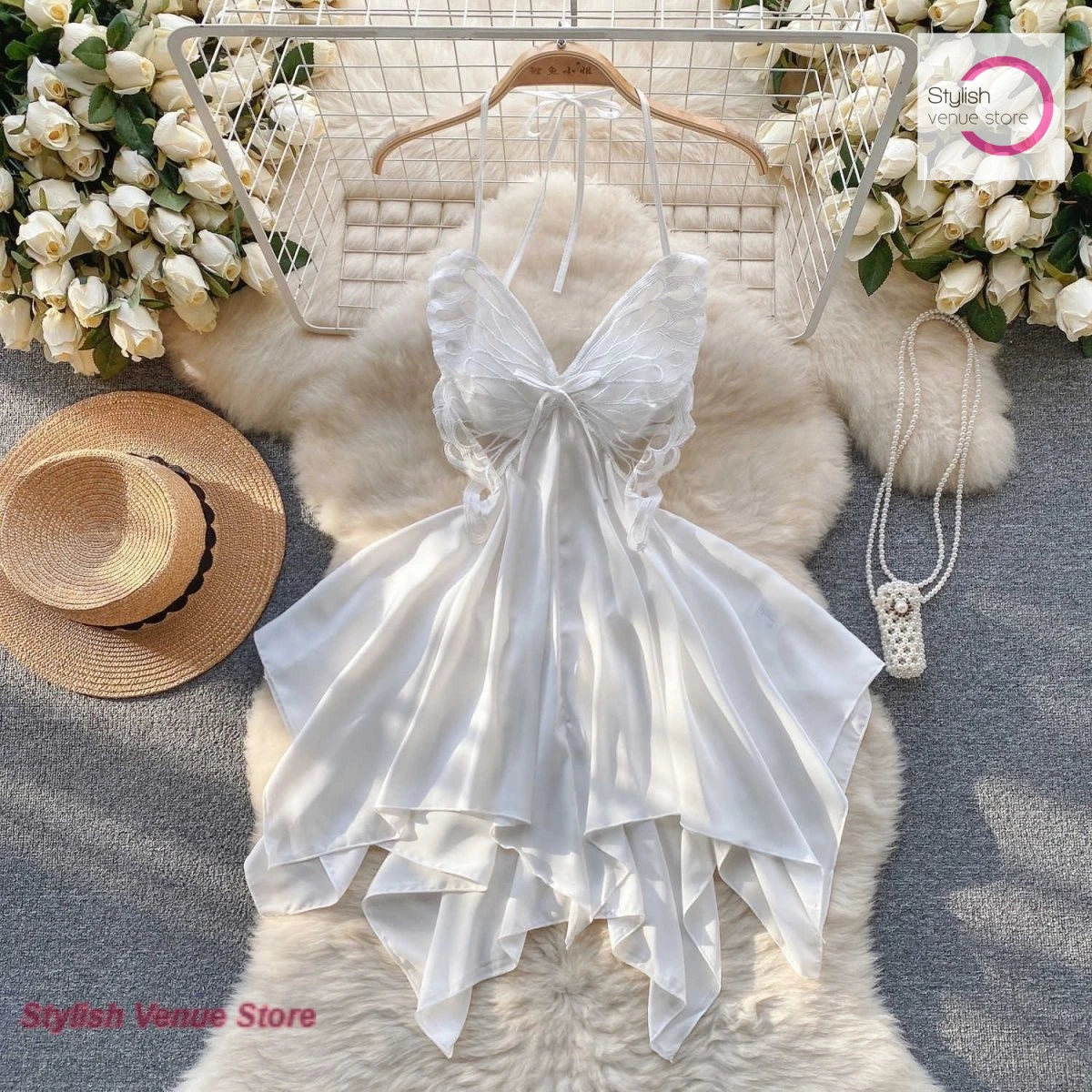 

French hanging neck suspender nightgown female spring and summer spice girl high sense butterfly lace satin backless dress