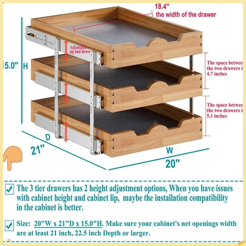 3段スライド式キャビネットオーガナイザー、20x21インチの引き出し式収納、ベースキャビネット用