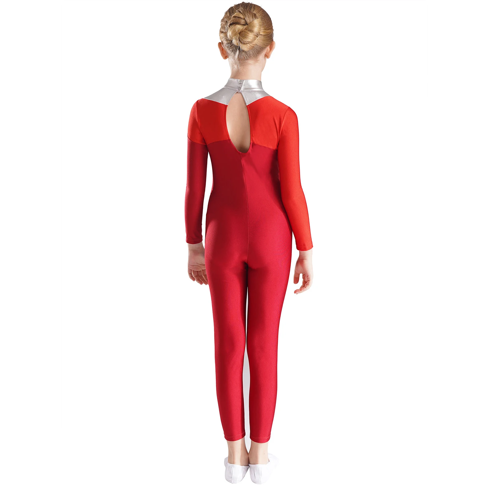 Kids Girls Patchwork Gymnastics Jumpsuit Metallic Contrast Color Long Sleeve Keyhole Back Bodysuit for Figure Skating Dance