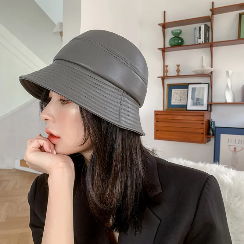 2022 New Bucket Hat Women Big Birm Sun Shade 100% Genuine Leather Fisherman Caps Female Chic Grey Gery Basin Casquette Street