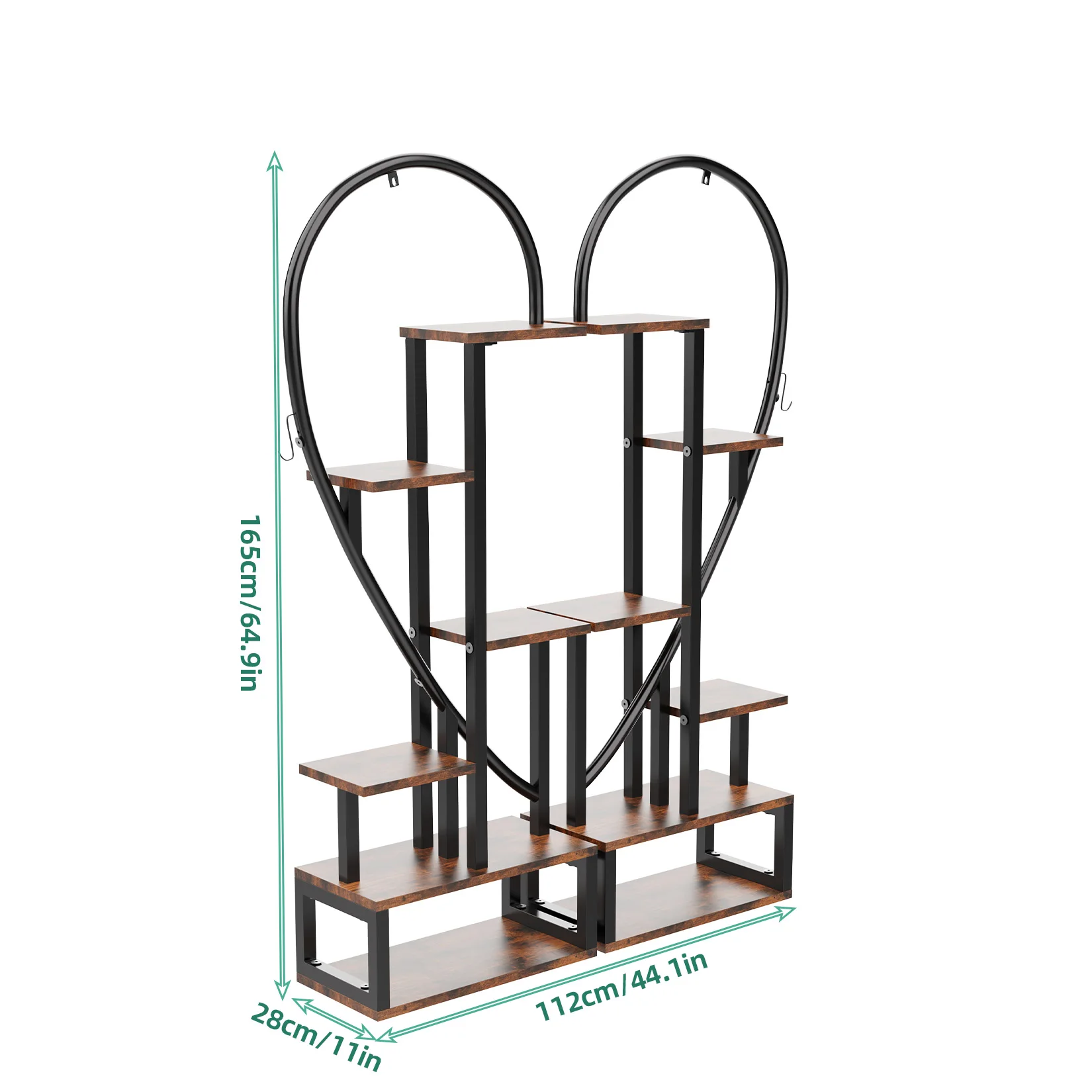 Supporto per piante in metallo a 6 livelli, supporto per piante a forma di mezzo cuore creativo per piante da interno multiplo, scaffale per piante nero