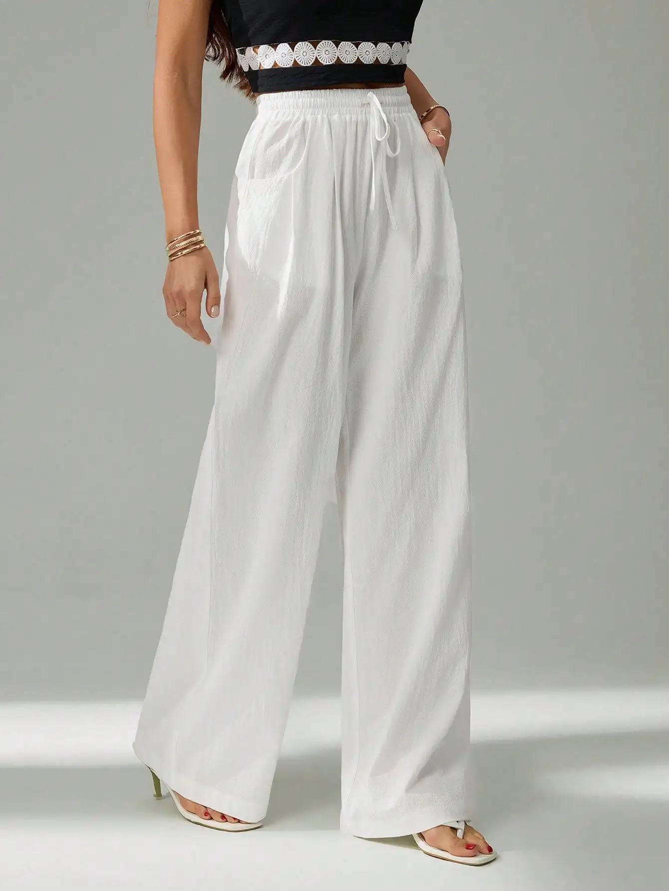 

Женские летние богемные свободные льняные брюки с широкими штанинами и завязками на талии