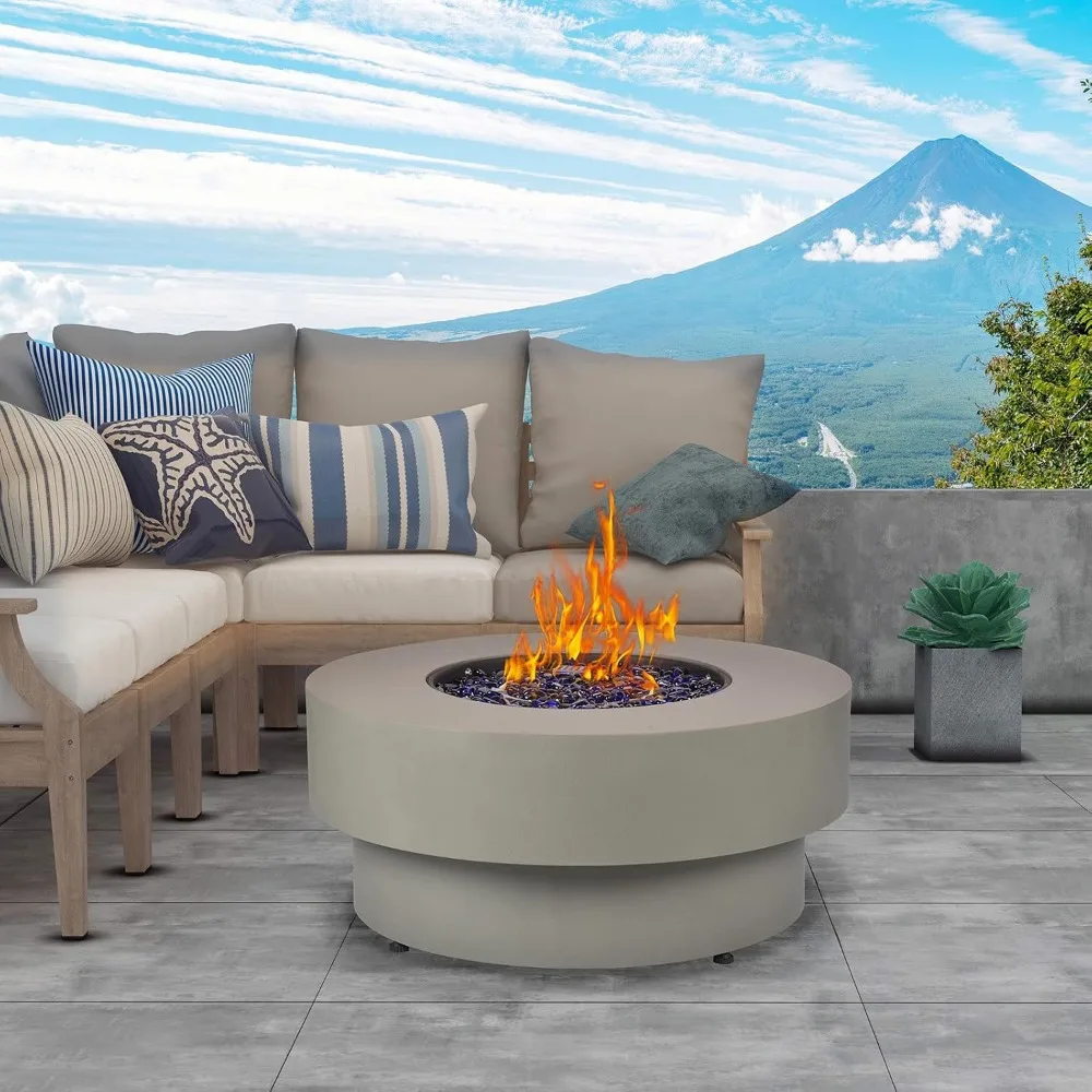 Propane Outdoor Fire Pit Table,Flint & Concrete Look 33-inch Round Patio Gas Fire Table 50,000 BTU w/Lid, Fire Glass, Rain Cover