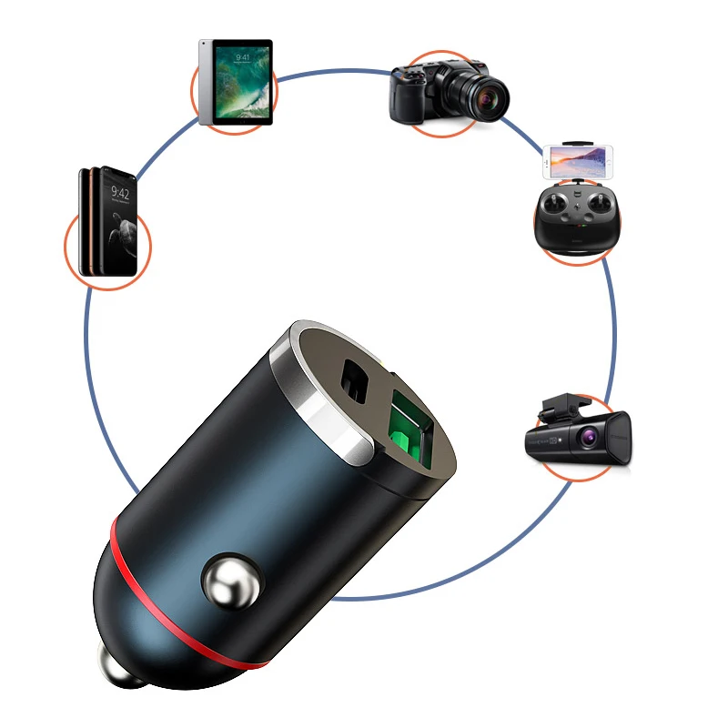 شاحن سيارة عالمي شحن سريع QC3.0 نوع C USB + PD شاحن سريع للهاتف آيفون شاومي سامسونج هواوي ولاعة السجائر