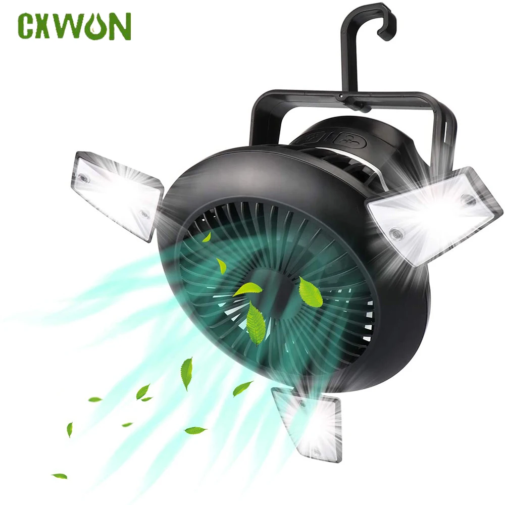 Solar Camping Fan Lights with LED Lantern Portable Tent Fan Hanging Hook Desk 4 Light Modes Lamp for Home Car Hiking