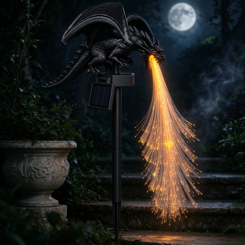 Solar Dragon Garden Stake Light with Fiber Optic Flame Effect Outdoor Lawn Pathway Decorative Statue Lamp Gift