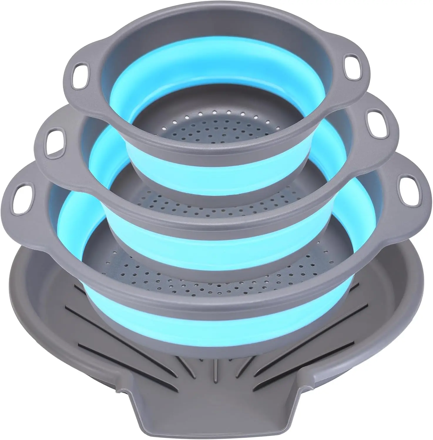 

Collapsible Colander Set with Oversized Draining Tray | 3-Pack Foldable Kitchen Strainers + Base | Space Saving for Past