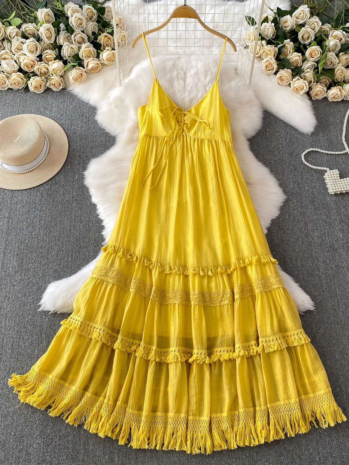 Beach Vaion Sle Sexy Bal longue v-ne Dr femmes été taille haute minceur gland jupe Midi coréen Sle trajet