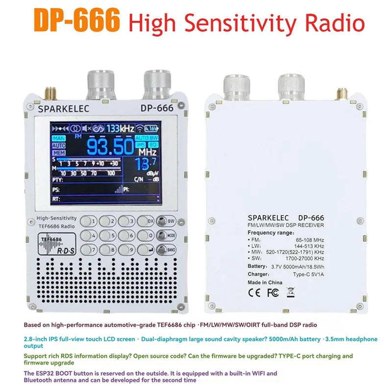 

-BOFF TEF6686 Radio DP-666 Full Band FM/LW/MW/SW Shortwave Radio ESP32 RDS 2.8 Inch IPS Touch Screen +Loop Antenna Kit