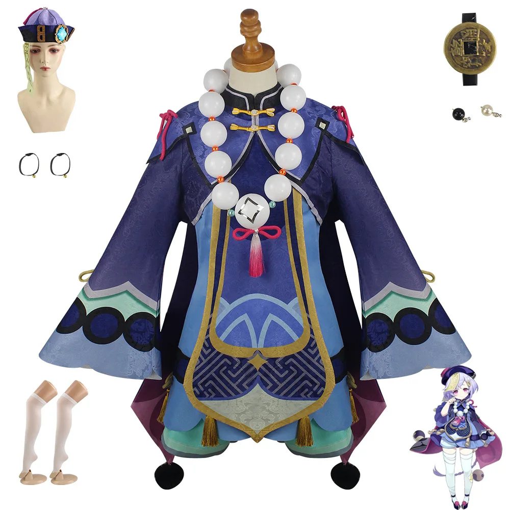 

Game Qiqi Zombie Halloween Cosplay Costume - Cute Purple & White Dress with Talismans for Convention Party Outfit