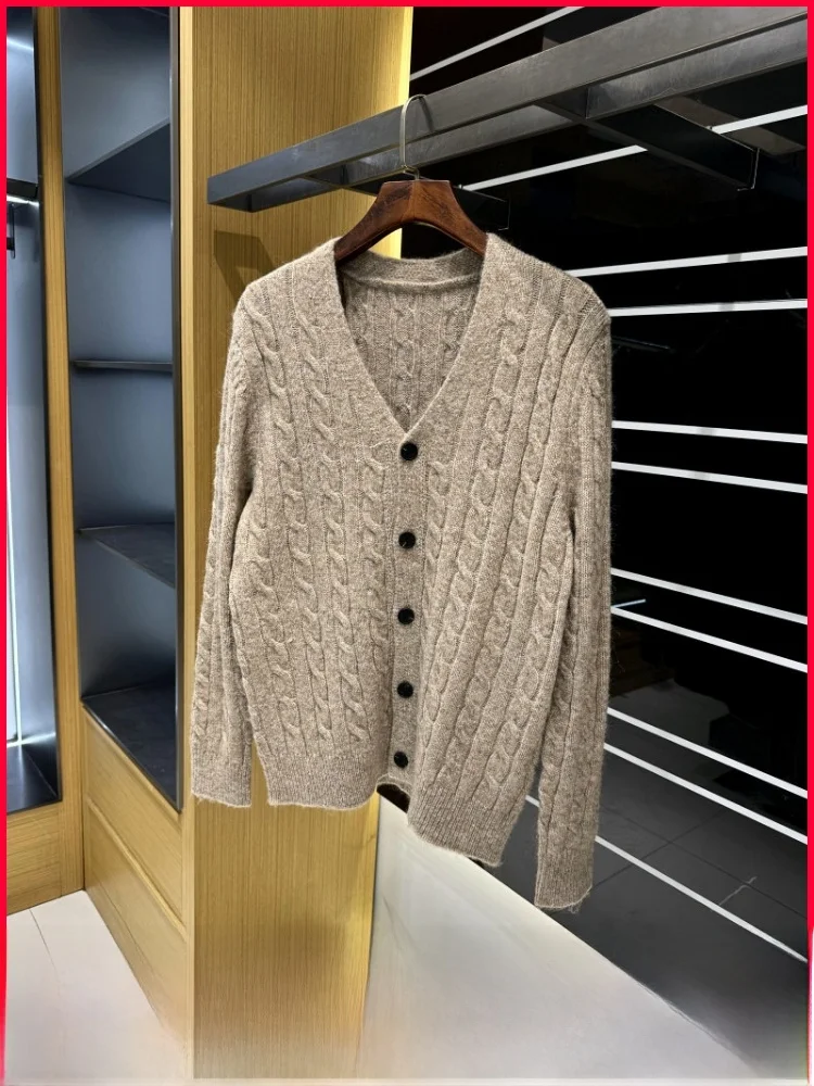 

Роскошный скандинавский мужской повседневный вязаный кардиган из австралийской шерсти с верблюжьим волосом, осень-зима, вязаный открытый автомобиль...
