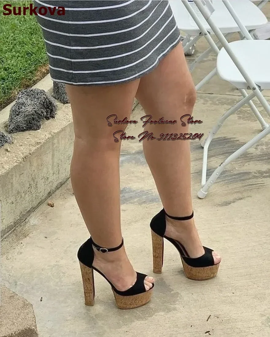 Surkova Wooden Chunky Heels Nude Black Suede Sandals Cork Platform Block Heel Dress Pumps Open Toe Buckle Strap Footwear US14