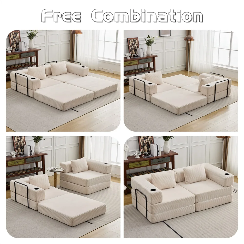 Modernes Frei Kombinierbares Modulares Ecksofa Olivgrüner Cord Convertible Couch mit Getränkehaltern Platzsparende Möbel – Detail 20