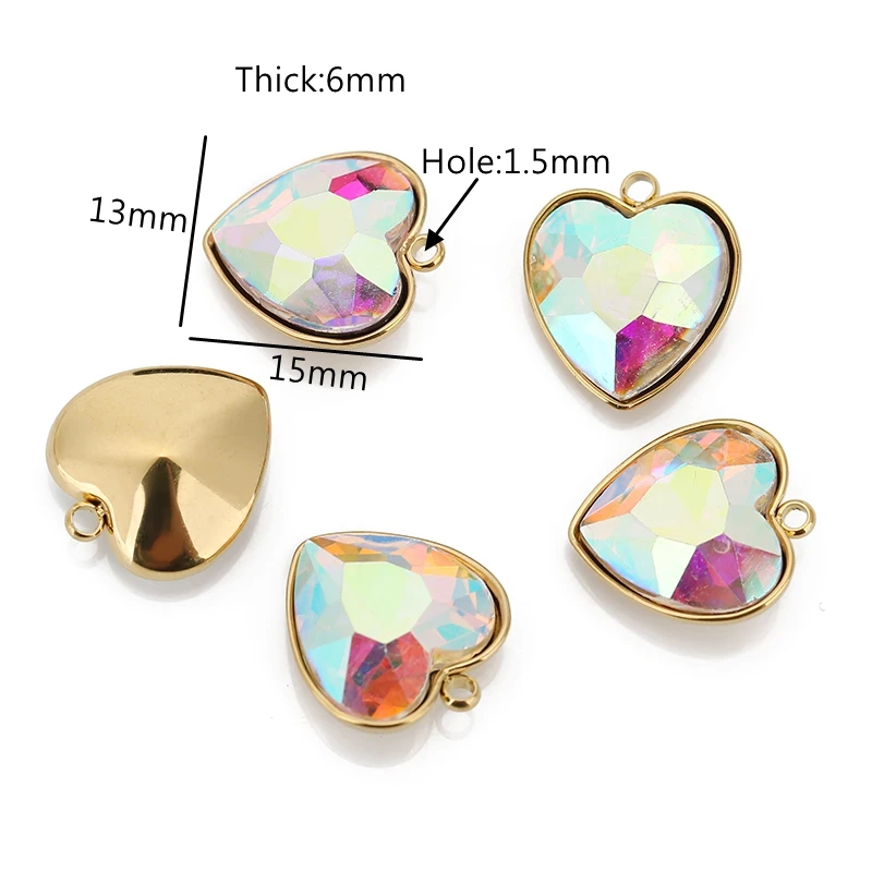 5pcs/lot Stainless Steel Heart Glass Pendant Faceted Glass Crystal Charms for Bracelets Earring Necklace Jewelry Making Supplies
