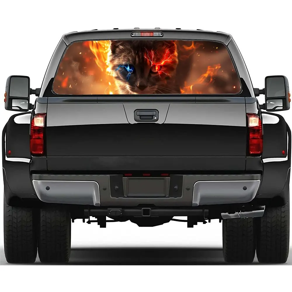 Flame Cat with Lightning Eyes Car Rear Windshield Sticker Truck Window See Through Perforated Back Window Vinyl Decal Decoration