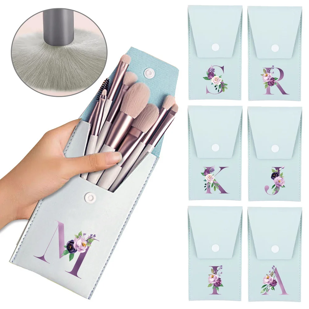 

8Pcs Soft Fluffy Makeup Brush Set Outdoor Cosmetic Kit Pack Blending Beauty Tool Bag for Students Purple Letter Pattern