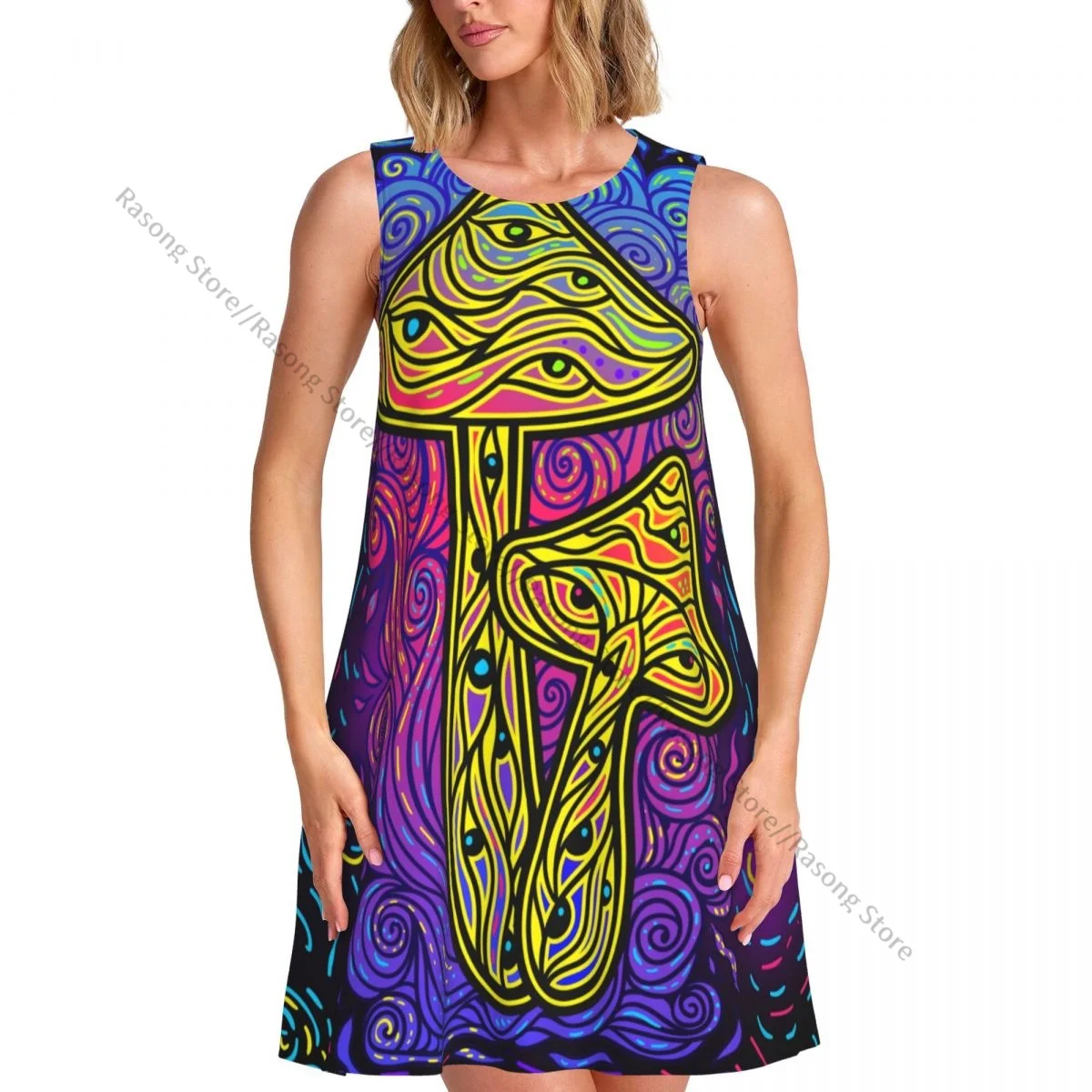 Women's Dress Mushrooms With Psychedelic Fluorescent Summer Casual T Shirt Beach Cover up Tank Dress