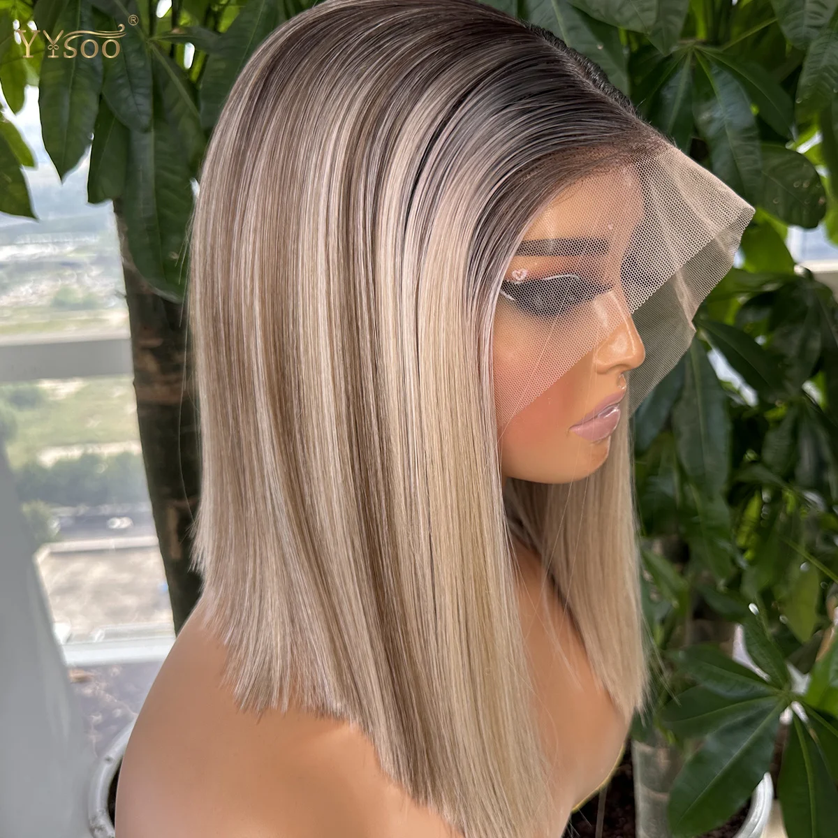 YYsoo Short Ombre Highlight Glueless Straight Futura Hair 13x6 Synthetic Lace Front Bob Wig For Black Women Pre Plucked Hairline