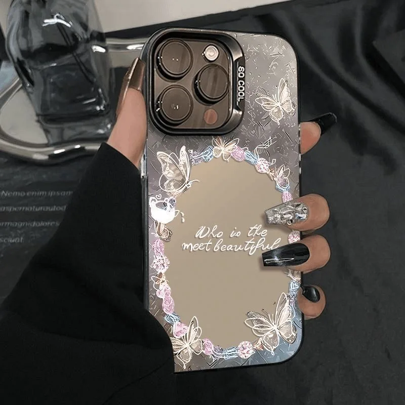 

Elegant Butterfly Mirror Phone Case For iPhone 17 16 11 13 Plus 12 14 15 Pro Max 16E 17 Air Luxury Gem Wreath PC Shockproof Case