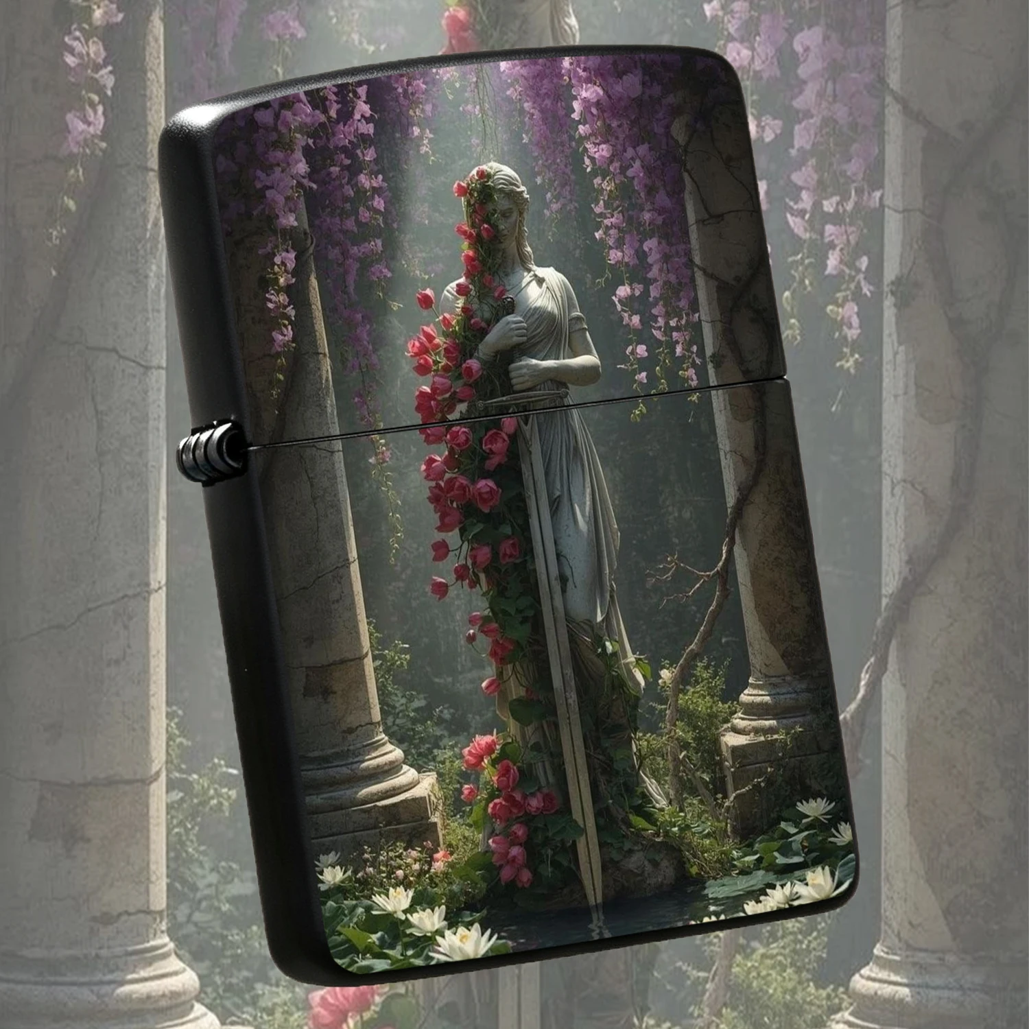 Vintage Statue Lady Knight Wrapped In Red Roses, Retro Overgrown Ruins Purple Wisteria Water Lily Art Decor, Aesthetic Collectible  Igniter , Unique Birthday Holiday Gift For Men Women, Distinctive Desktop Display Ornament For Daily Use A F