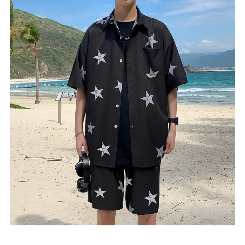 قصيرة الأكمام الصيف تنفس وسيم عارضة دعوى قميص الرجال السراويل فضفاضة قطعتين مجموعة العصرية