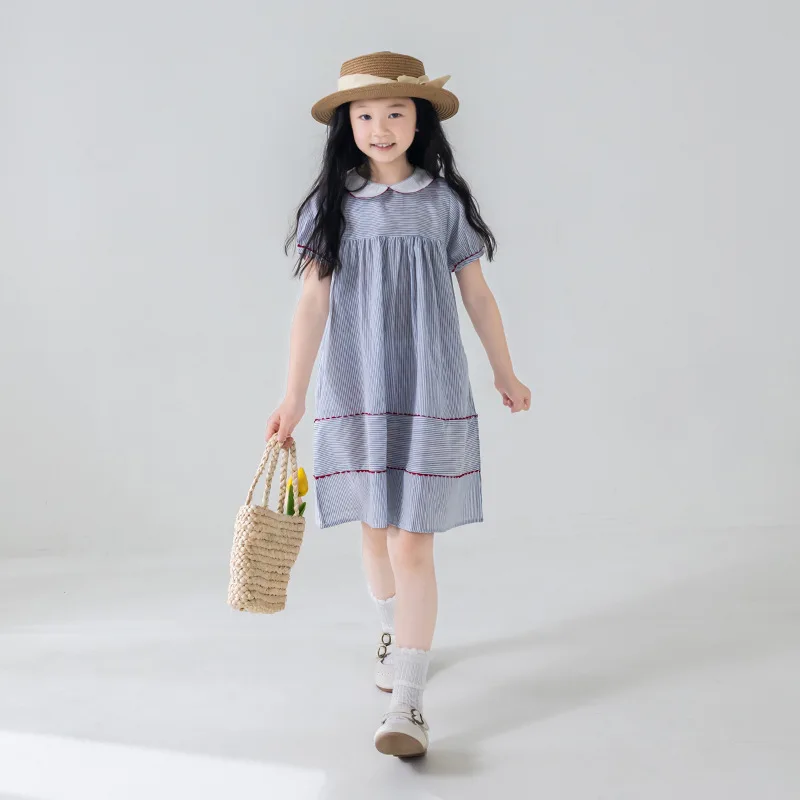 Girl's Dress Doll Neck A-line Knee Length Striped Princess Dress Summer New Style